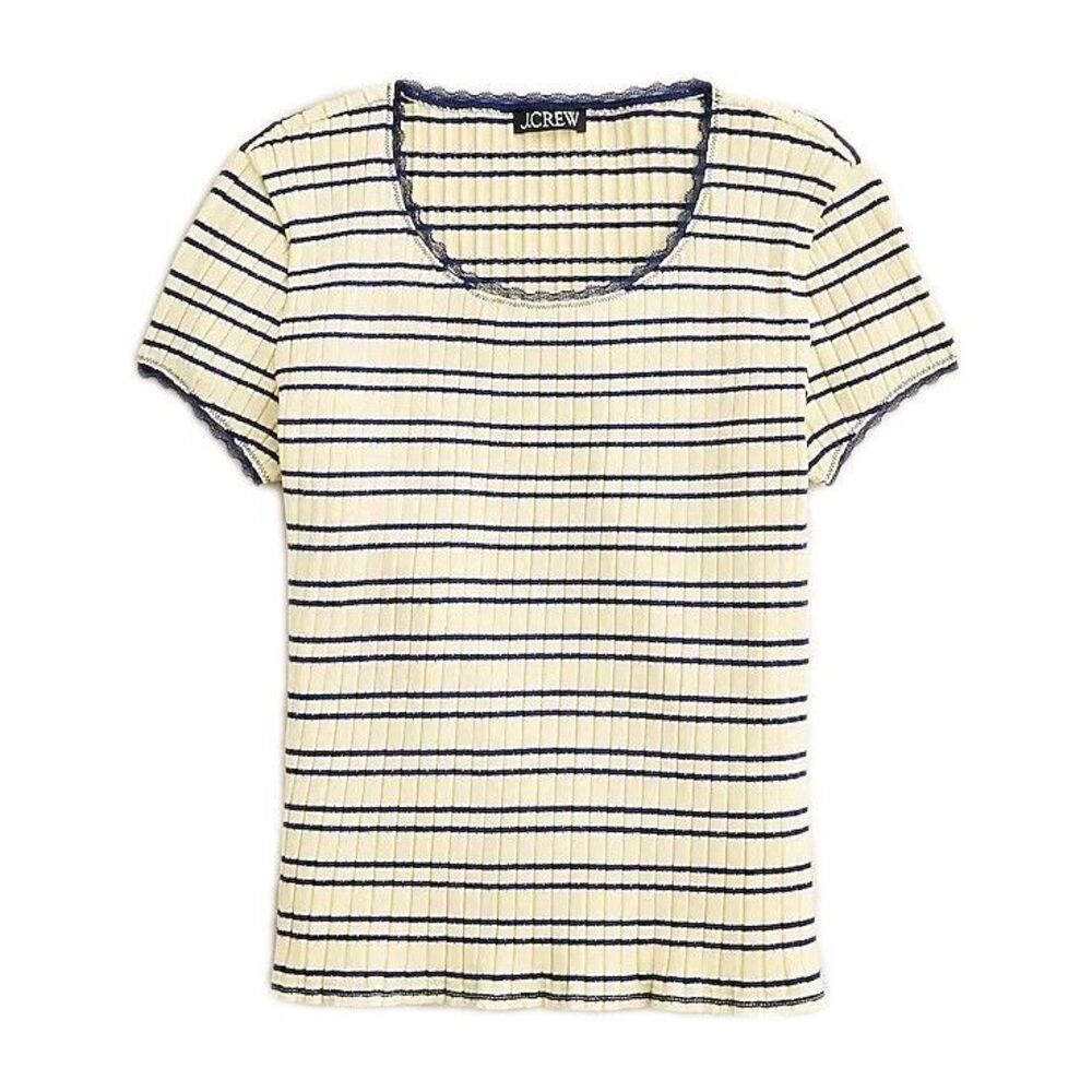 NEW J Crew Pointelle short-sleeve T-shirt in Stripe Yellow Size M Ribbed Stretch